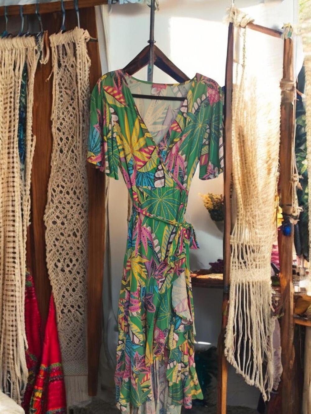 Flying Tomato Green Tropical Wrap Dress with Pink & Yellow Accents